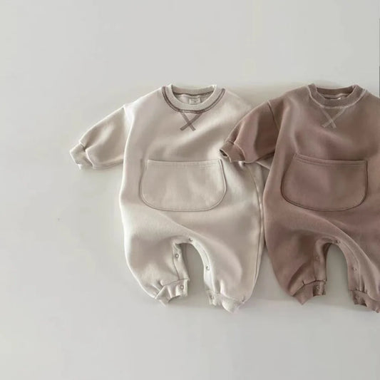 2025 Spring New Baby Long Sleeve Romper Boy Girl Newborn Large Pocket Jumpsuit Cotton Infant Versatile Casual Clothes 0-24M