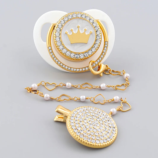 Luxury Baby Corwn Pacifier Gold With Clips Hot Sell BPA Free Silicone Infant White Pacifier For Baby Shower Gift Chupetes