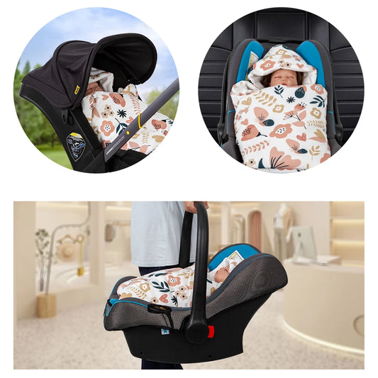 0-3 Months Newborn Baby Blanket In Infant Car Seat Soft Cotton Swaddle Wrap With Windproof Hooded Warm For Outside Travel