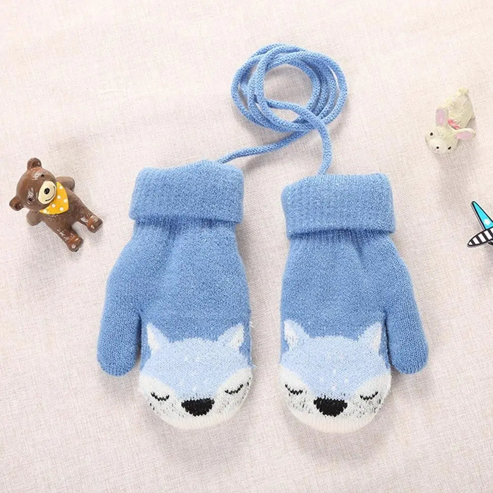 Baby Boys Girls Plush Hanging Neck Knitted Mittens Cute Thick Warm Kids Gloves For 1-3 Years Old