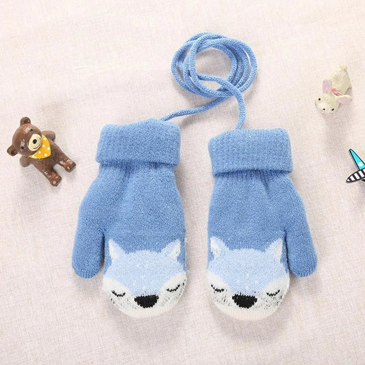Baby Boys Girls Plush Hanging Neck Knitted Mittens Cute Thick Warm Kids Gloves For 1-3 Years Old