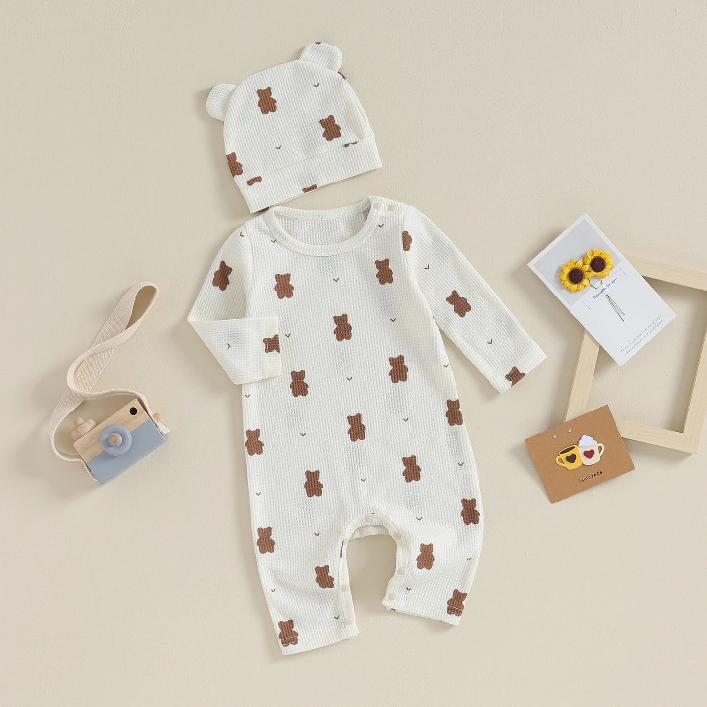 Pudcoco Newborn Baby Girls Boys Rompers Infant Clothes Bear Print Crew Neck Long Sleeve Toddler Fall Jumpsuits with Hat 0-18M