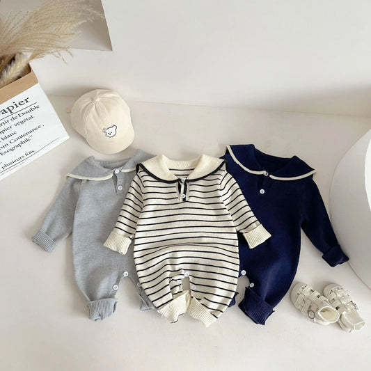2025 Autumn New Baby Sailor Collar Long Sleeve Knitted Romper Infant Boy Girl Casual Striped Jumpsuit Newborn Toddler Clothes