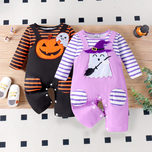 Autumn Boys And Babies Aged 0-1 Years Old, Comfortable Casual Round Neck Striped Halloween Doll Long-Sleeved Jumpsuit