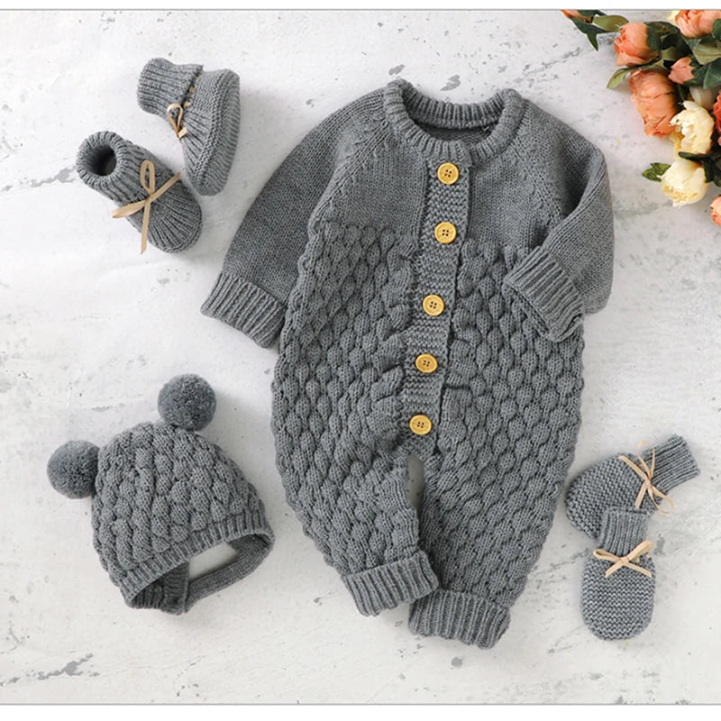 0-24M Newborn Baby Romper Shoes Gloves Set Knit Girl Boy Jumpsuit Boot Mitten Solid Toddler Infant Long Sleeve Knit Clothing