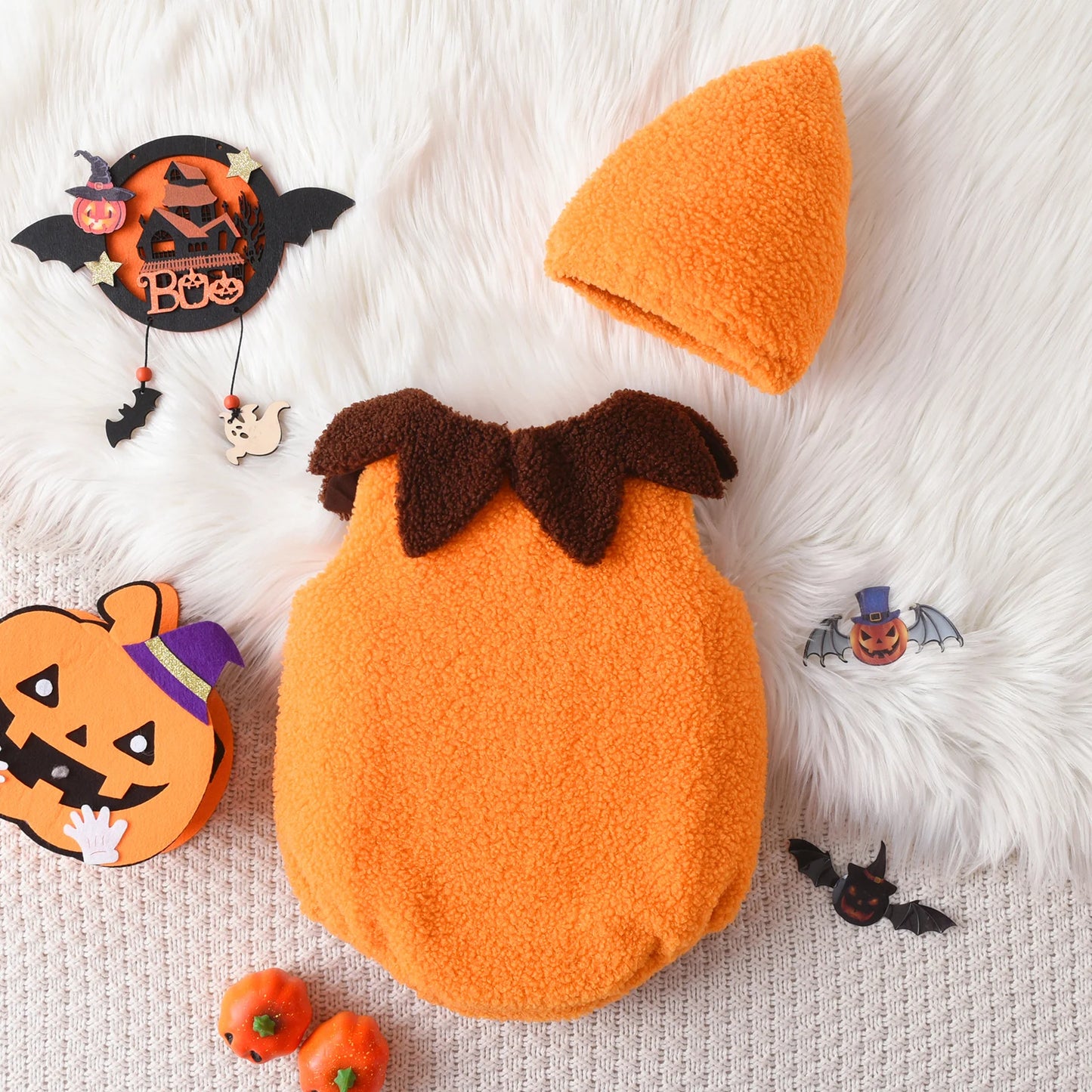Newborn Baby Boy Girl Halloween Costume Pumpkin Ghost Face Embroidery Romper Hat Infant Halloween Pumpkin Photography Clothes
