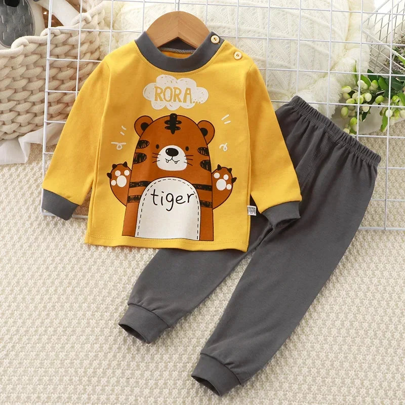 2024 New Kids Boys Girls Pajama Sets Cartoon Print Long Sleeve Cute T-Shirt Tops with Pants Toddler Baby Sleeping Clothing Sets