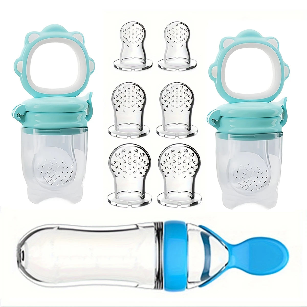 9pcs Feeding Cutlery: 1 Silicone Feeding Bottle with Spoon and Suction Cup for Rice Cereal, 2 Fruit and Feeders, 6 Nipples(SML)