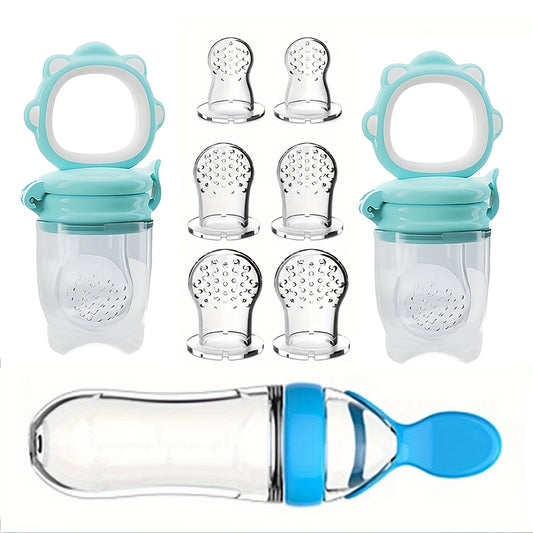 9pcs Feeding Cutlery: 1 Silicone Feeding Bottle with Spoon and Suction Cup for Rice Cereal, 2 Fruit and Feeders, 6 Nipples(SML)