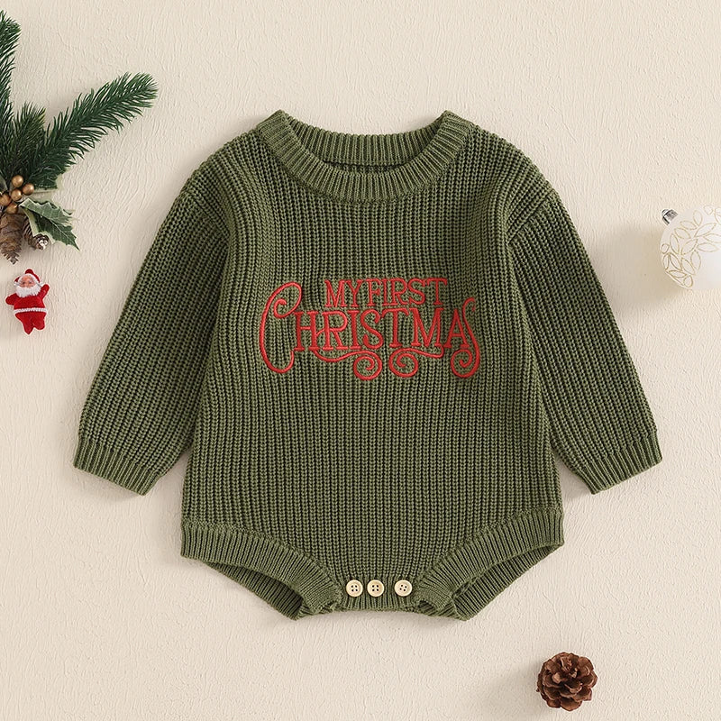 FOCUSNORM 4 Color Autumn Winter Baby Boys Girls Christmas Sweater Romper Letter Embroidery Round Neck Long Sleeve Knit Jumpsuit