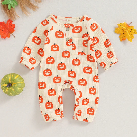 Infant Baby Girls Boys Halloween Romper Pumpkin/Bat Print Cotton Long Sleeve Newborn Baby Girls Jumpsuit Autumn Baby Clothes