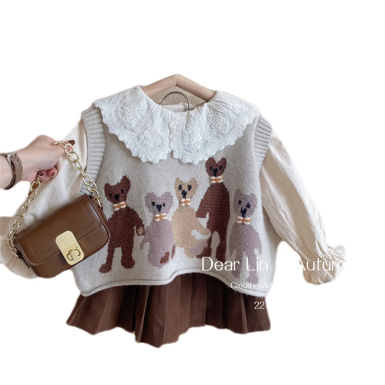 Girls Sweet Suits Autumn Outfit Baby College Spring  Pleated Skirt+Sweater Vest+Shirt 3Pcs Sets Kids