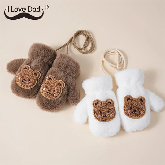 Winter Thicken Warm Baby Gloves Cute Cartoon Bear Baby Boys Girls Mittens Faux Fur Toddler Kids Fingerless Gloves