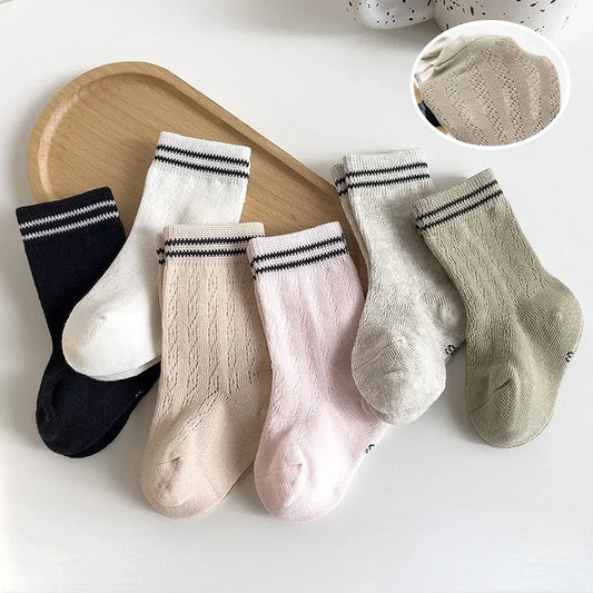Korean Kids Cotton Mesh Socks Spring Summer Middle Tube Socks Newborn Infant Toddler Boys Girls Stripe Socks 0-7years Old