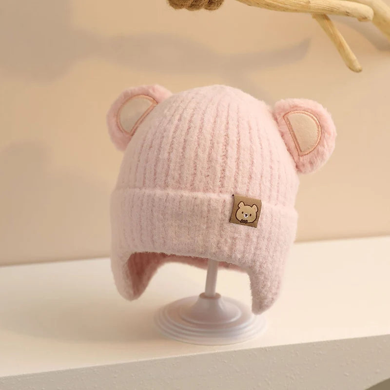 Cute Bear Baby Earmuffs Cap Winter Warm Kids Plush Pullover Hat 6-36Month Toddler Beanies Thicken Velvet Children Crochet Bonnet