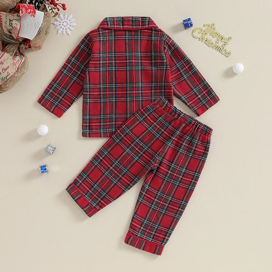 Pudcoco Kids Baby Girl Boy Christmas Pajamas Set Plaid Button up Long Sleeve Shirt and Elastic Pants Loungewear Sleepwear 6M-7T