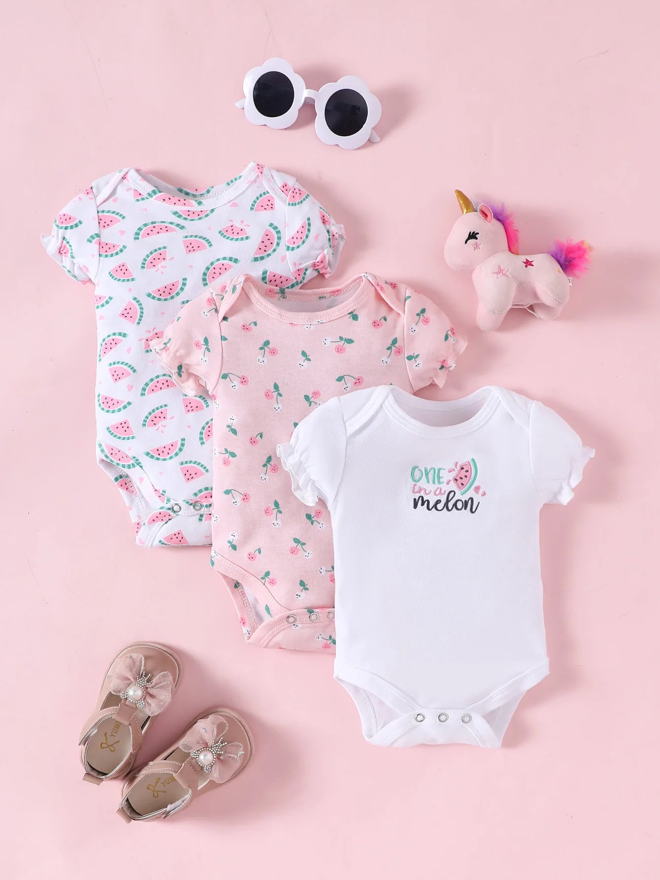  3PCS Summer Baby Girls Three Piece Bodysuit  Animal Kingdom and Elephant Letter Pattern Short Sleeve Bodysuit Mother's Day Gif