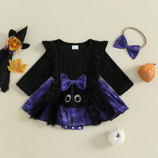 0-18 Months Baby Girl Halloween Romper Dress Cartoon Bat Long Sleeve Round Neck Jumpsuit with Bow Headband