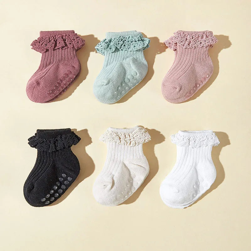 2024 New Autumn 6 Pairs a Lot Infant Girls Cute Glue Dispensing Walking Socks Baby Floor Socks 0-3Y