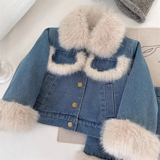 Coat and Skirt Set Girls Autumn and Winter New Korean Fashion Denim Thick Warm Jacket Skirt Two-piece Set Kids Clothes