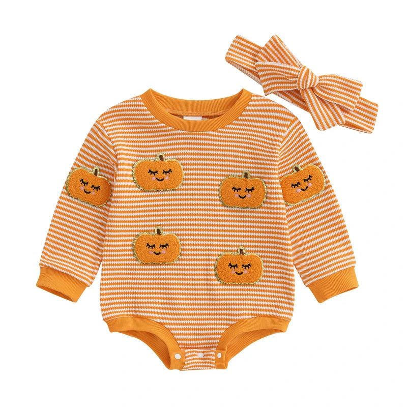 Newborn Baby Girl Halloween Outfit Ghost Pumpkin Pattern Striped Crew Neck Long Sleeve Romper with Headband 2 Pcs Set for Fall