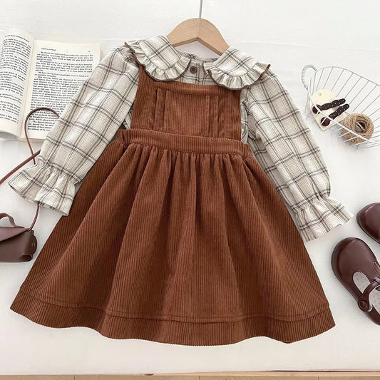 Autumn Children Girls 2PCS Clothes Set Cotton Peter Pan Collar Kid Baby Girl Plaid Shirt Outfit Solid Corduroy Little Girl Dress