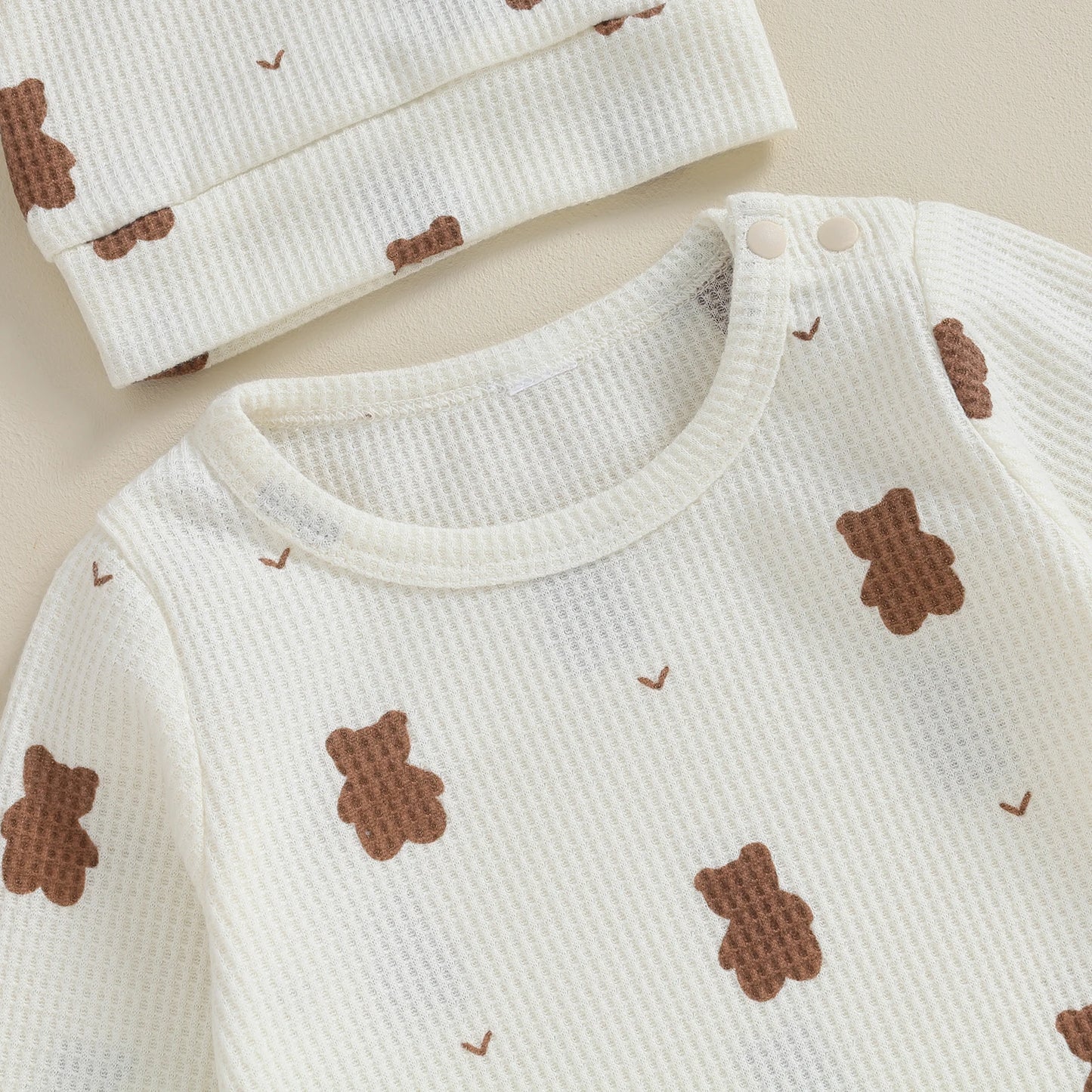 Pudcoco Newborn Baby Girls Boys Rompers Infant Clothes Bear Print Crew Neck Long Sleeve Toddler Fall Jumpsuits with Hat 0-18M