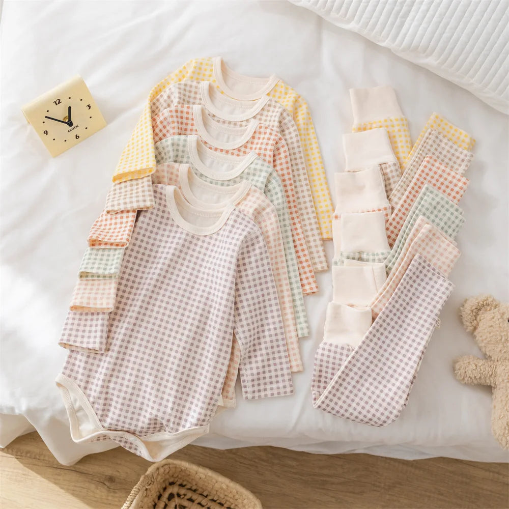 2024 Autumn Baby Pajamas Set 0-2Y Toddler Boys Plaid Bodysuit+Pants Underwear 2Pcs Girls Homewear Suit Toddler Sleep Clothing