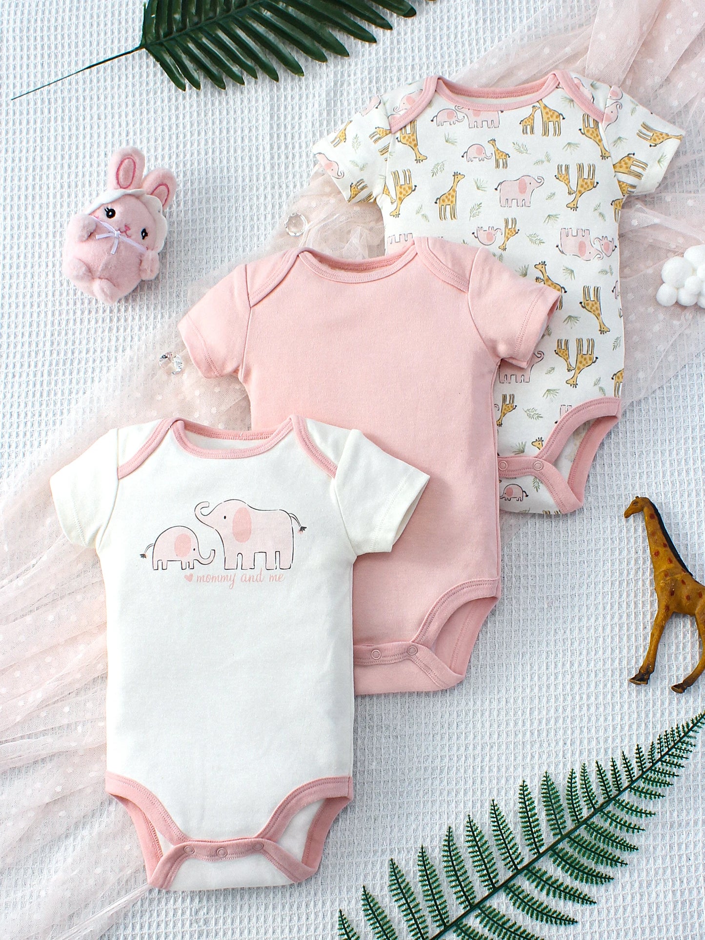  3PCS Summer Baby Girls Three Piece Bodysuit  Animal Kingdom and Elephant Letter Pattern Short Sleeve Bodysuit Mother's Day Gif
