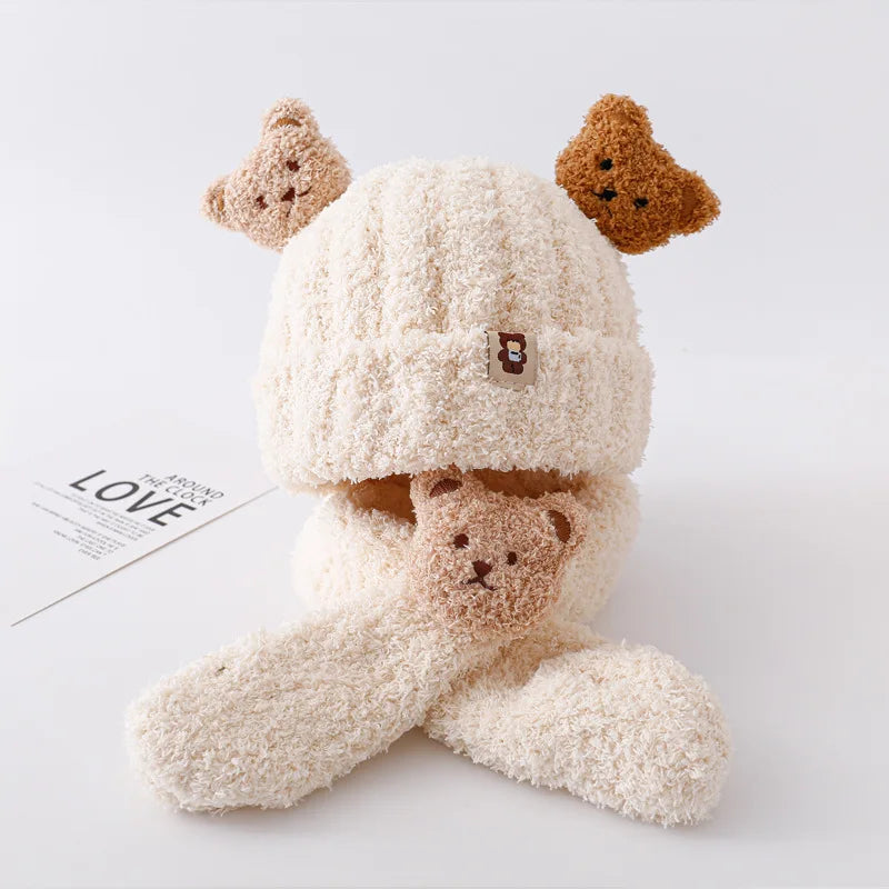Winter Baby Plush Hat Scarf Set Cartoon Bear Beanies Warm Velvet Infant Neckerchief 6-24Month Kids Ear Protection Pullover Cap