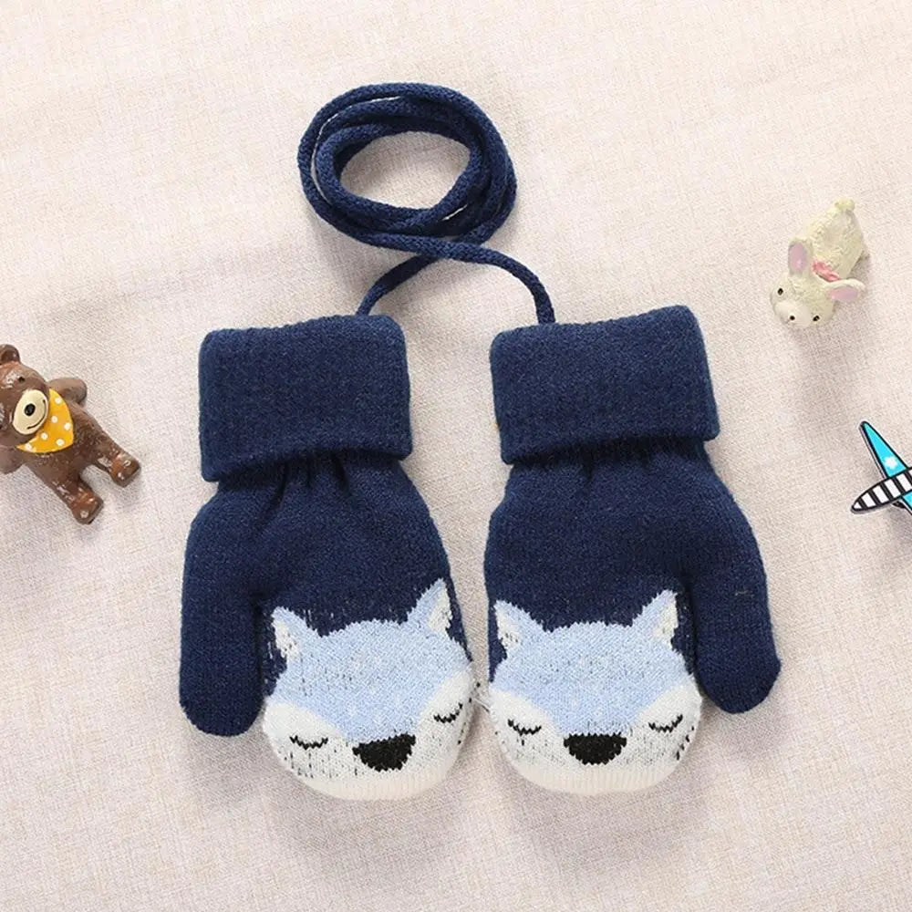 Baby Boys Girls Plush Hanging Neck Knitted Mittens Cute Thick Warm Kids Gloves For 1-3 Years Old