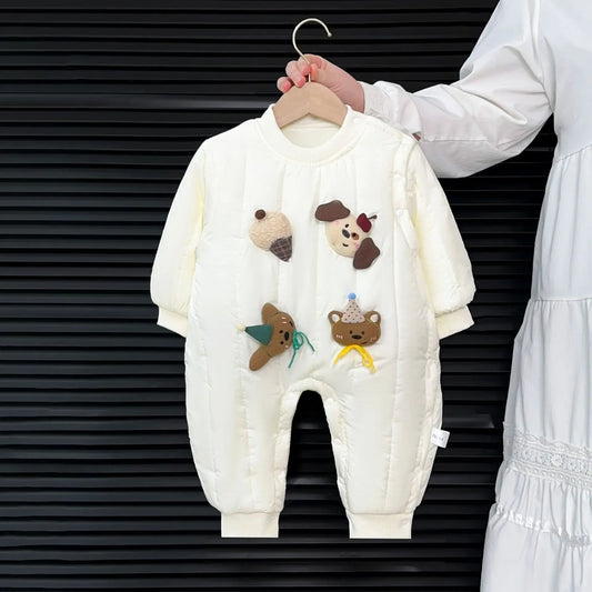 Newborn Baby Onesie Quilted Cotton Romper with Cute Plush Toy Appliques Easy Button Jumpsuit Winter Outdoor Wear