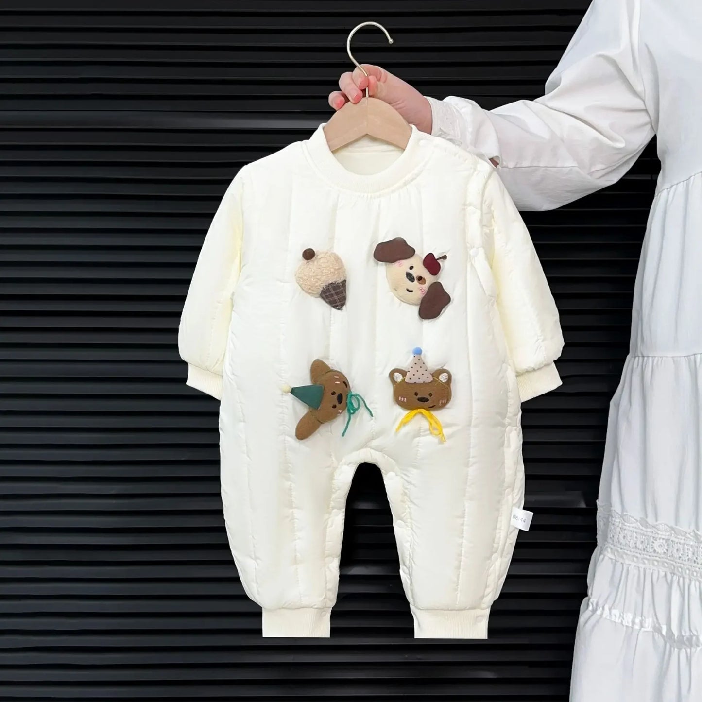 Newborn Baby Onesie Quilted Cotton Romper with Cute Plush Toy Appliques Easy Button Jumpsuit Winter Outdoor Wear