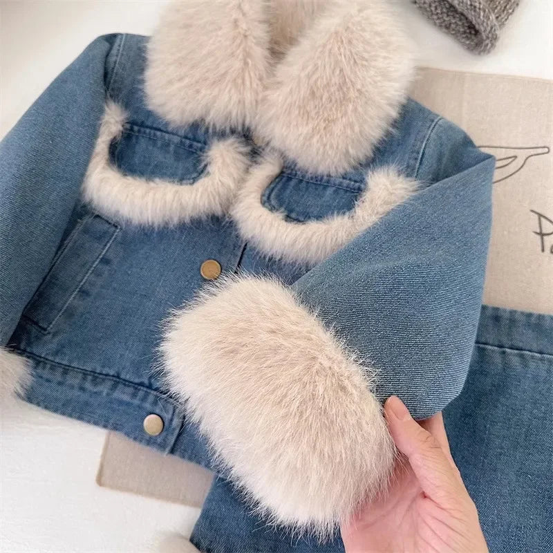 Coat and Skirt Set Girls Autumn and Winter New Korean Fashion Denim Thick Warm Jacket Skirt Two-piece Set Kids Clothes