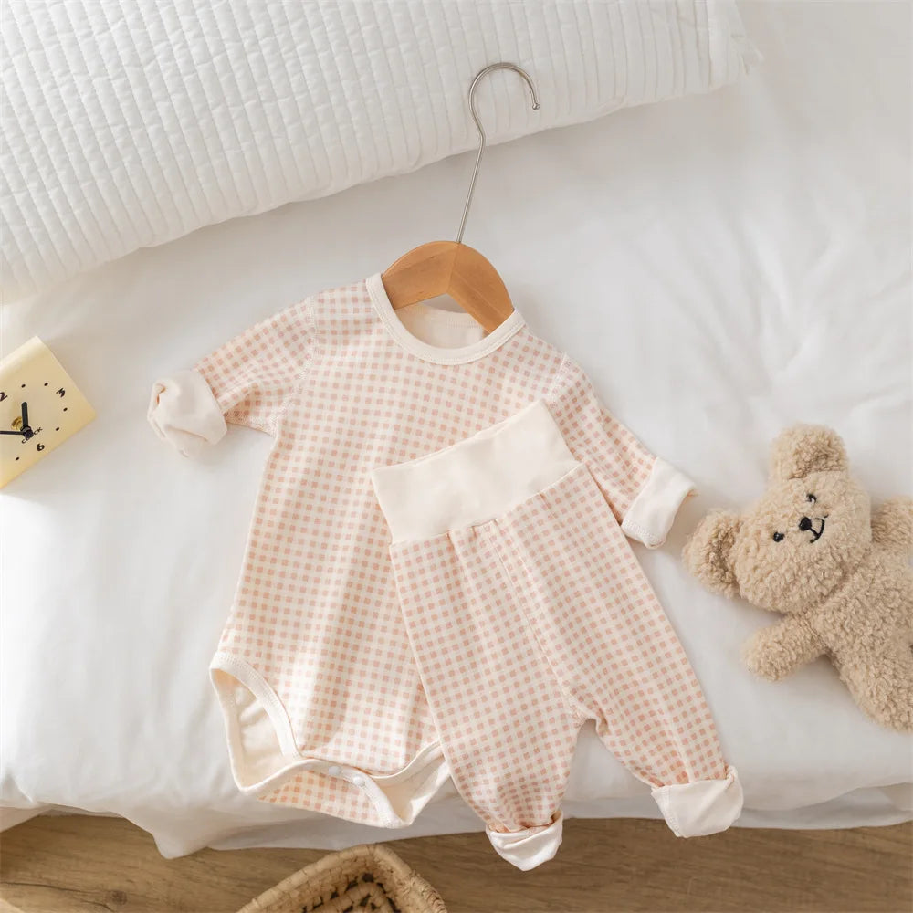 2024 Autumn Baby Pajamas Set 0-2Y Toddler Boys Plaid Bodysuit+Pants Underwear 2Pcs Girls Homewear Suit Toddler Sleep Clothing