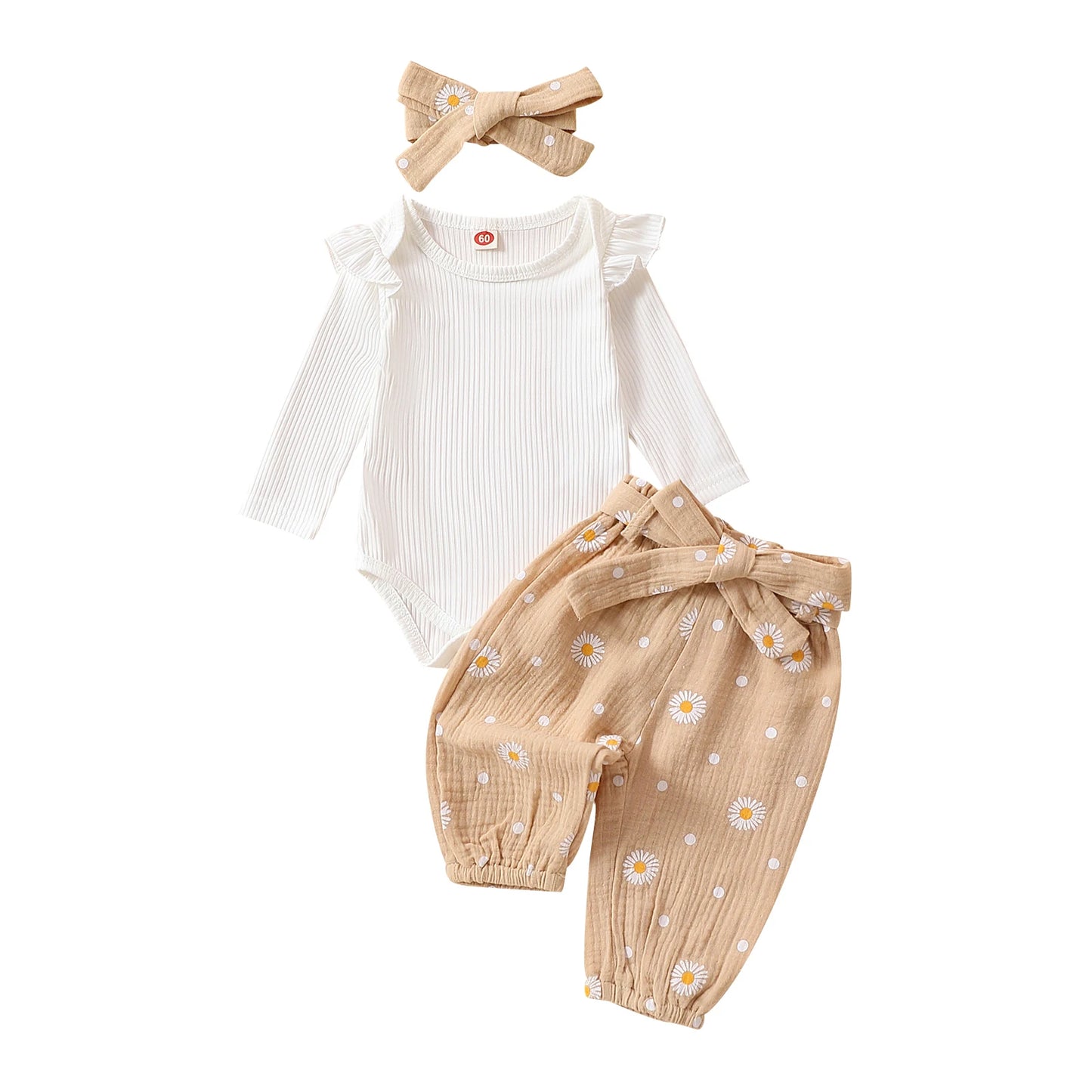 Spring Infant Baby Girls Pants Sets White Long Sleeve Ruffle Romper Daisy Print Belted Pants Headband Autumn Sets