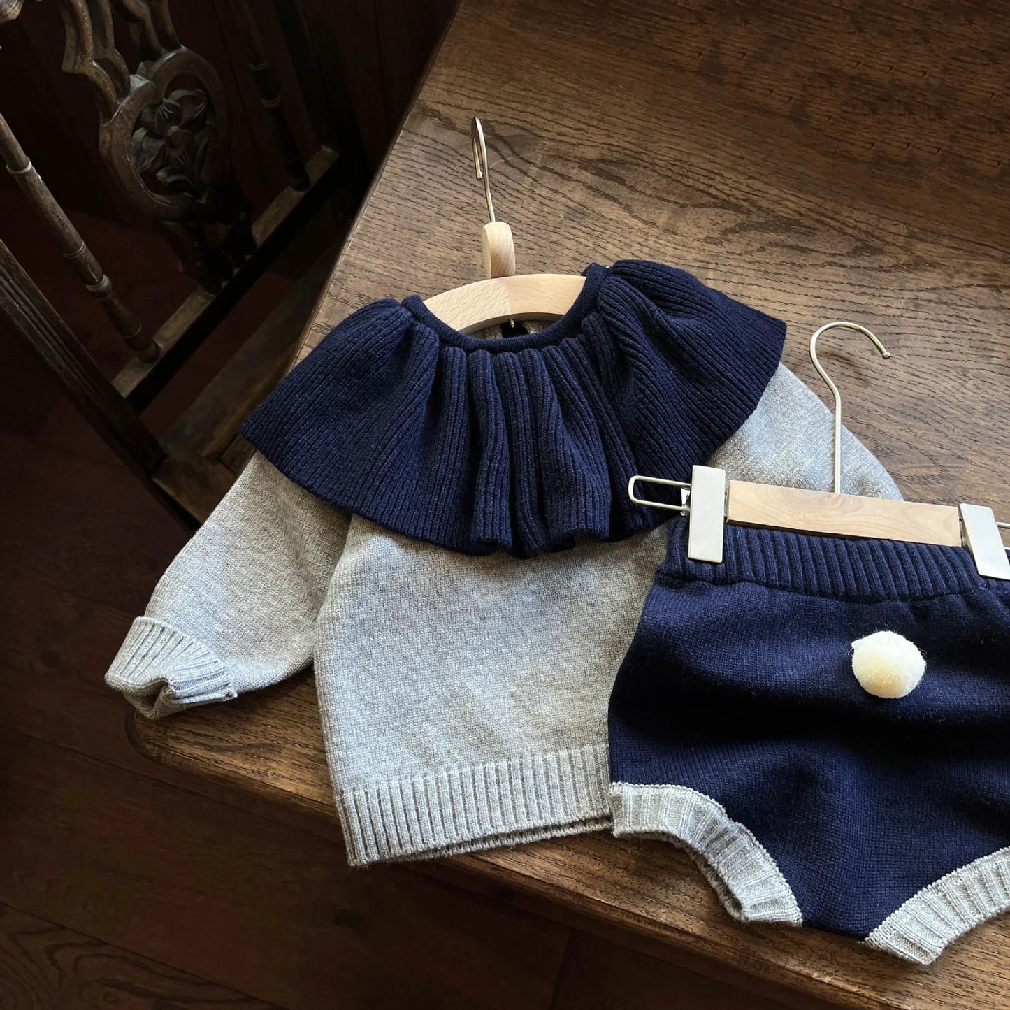 2024 Spring Outfits Children Knitsuit Fashion Girl Baby Knitted Lotus Collar Long Sleeve Tops+Shorts 2pcs Kid Casual Sweater Set