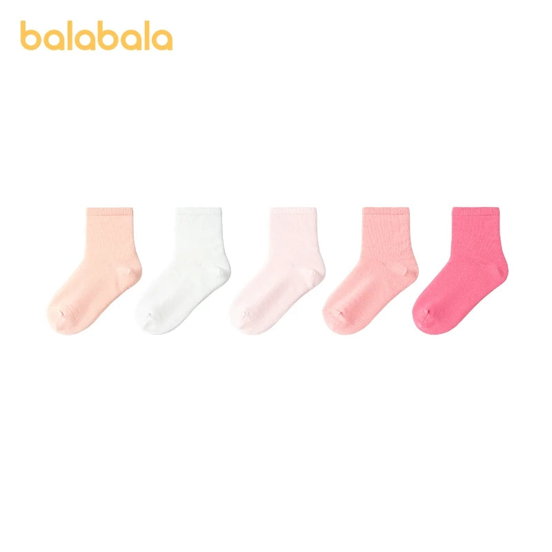 Balabala 5 Pairs Socks Boys Girls 2024 Spring Autumn New Cotton Mid-Calf Socks Solid Colors Comfortable Five Pairs Pack
