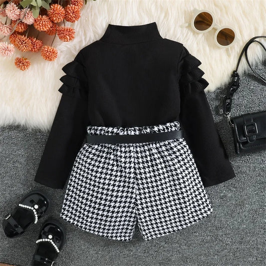 2022-08-15 Lioraitiin 0-6Years Toddler Girl Autumn Clothes Ruffled Long Sleeve High Neck Ribbed Houndstooth Print Shorts Belt