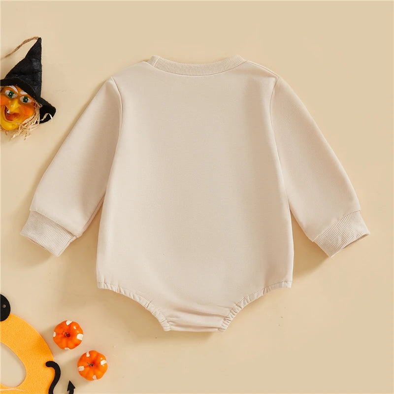 Baby Girls Halloween Sweatshirt Romper Pumpkin Bow Embroidery Long Sleeve Round Neck Bubble Jumpsuit Toddler Infant Clothes