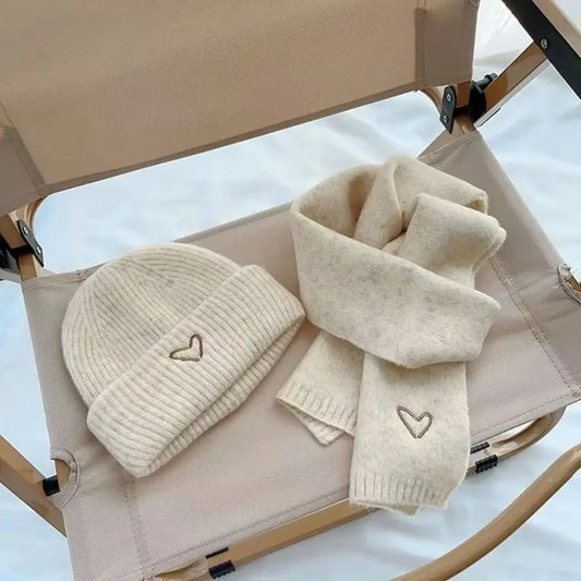 Solid Color Kids Knitted Hat Scarf Love Heart Embroidery Autumn Winter Warm Baby Beanie Outdoor Anti-cold Boys Girls Cap Scarves