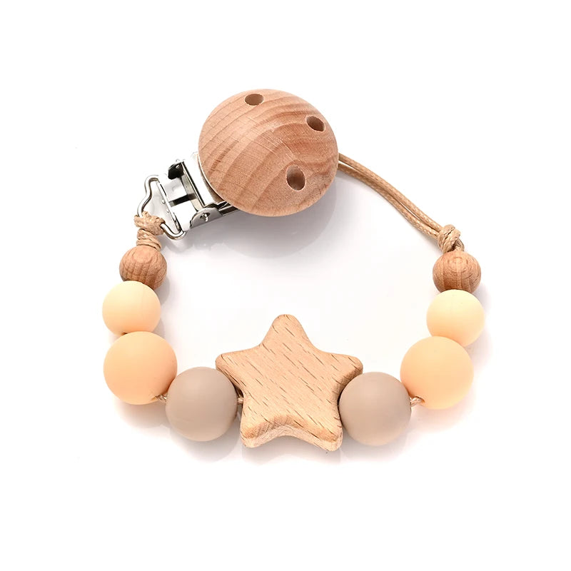 Baby Pacifier Chain Clips Wood Pentagram Teether Silicone Round Beads Teething Chain For Baby Care Soother Chew Toys Shower Gift
