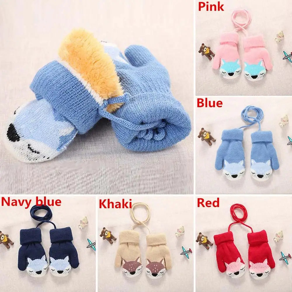 Baby Boys Girls Plush Hanging Neck Knitted Mittens Cute Thick Warm Kids Gloves For 1-3 Years Old