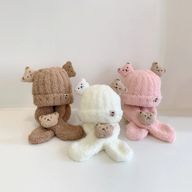 Winter Baby Plush Hat Scarf Set Cartoon Bear Beanies Warm Velvet Infant Neckerchief 6-24Month Kids Ear Protection Pullover Cap