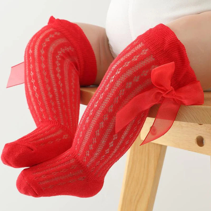 Baby Knee High Socks Toddler Long Socks Girls Bow Ruffled Knee Socks Bow Mesh Tube Stockings Infant Dress Socks