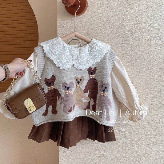 Girls Sweet Suits Autumn Outfit Baby College Spring  Pleated Skirt+Sweater Vest+Shirt 3Pcs Sets Kids