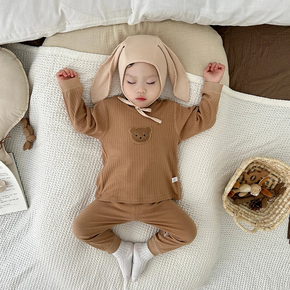 MILANCEL 2Pcs Baby Pajamas Long Johns Suit 0-3Y 2024 Autumn Infant Boys Cartoon Bear Home Clothes Underwear Set Girls Sleepwear