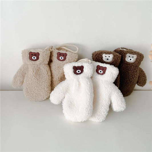 Cute Bear Baby Plush Gloves Thicken Lamb Wool Kids Hanging Neck Glove Cartoon Children Gloves 2-5Year Girl Boy Winter Hand Warm