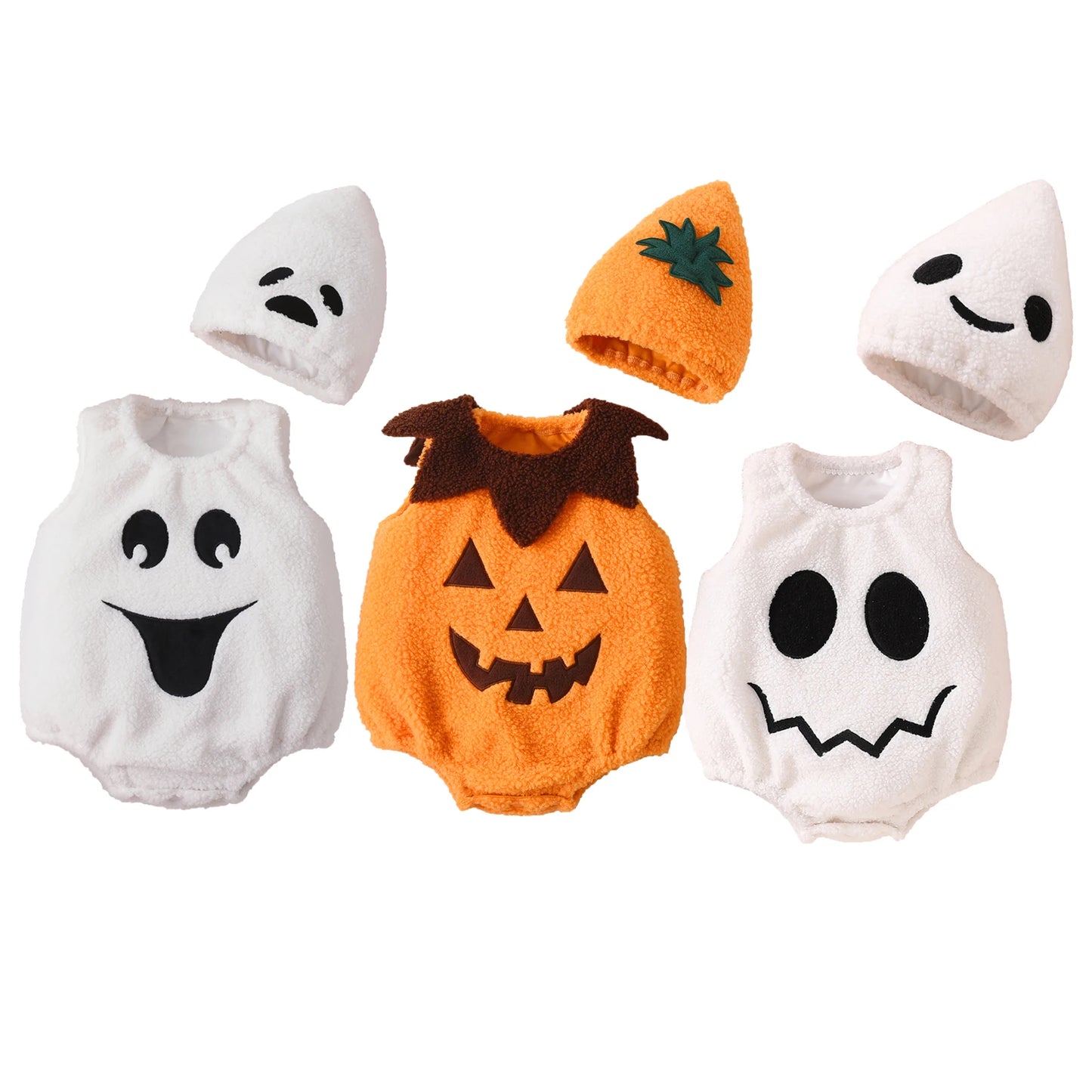Newborn Baby Boy Girl Halloween Costume Pumpkin Ghost Face Embroidery Romper Hat Infant Halloween Pumpkin Photography Clothes