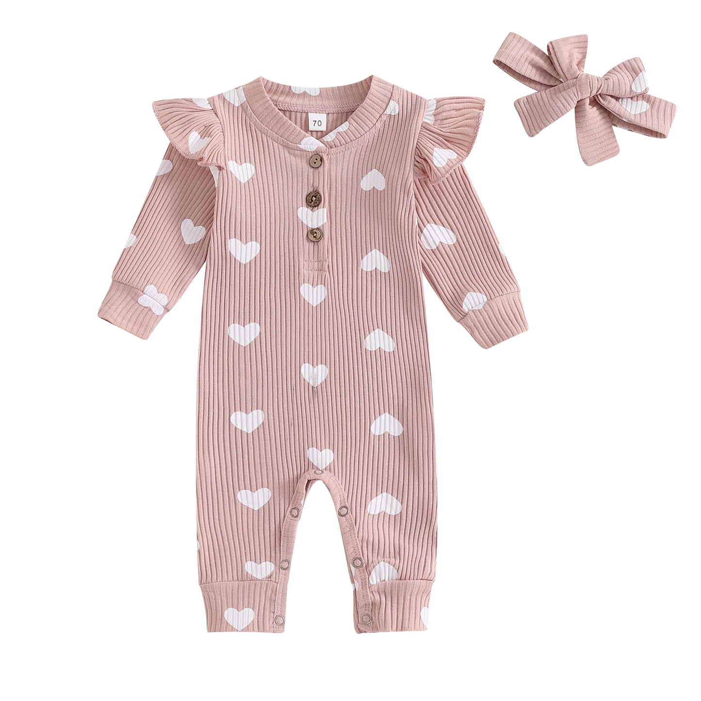 Toddler Girl´s Summer Outfit, Heart Printed pattern Long Fly Sleeves Crew Neck Romper And Bow Knot Headdress 0-18M
